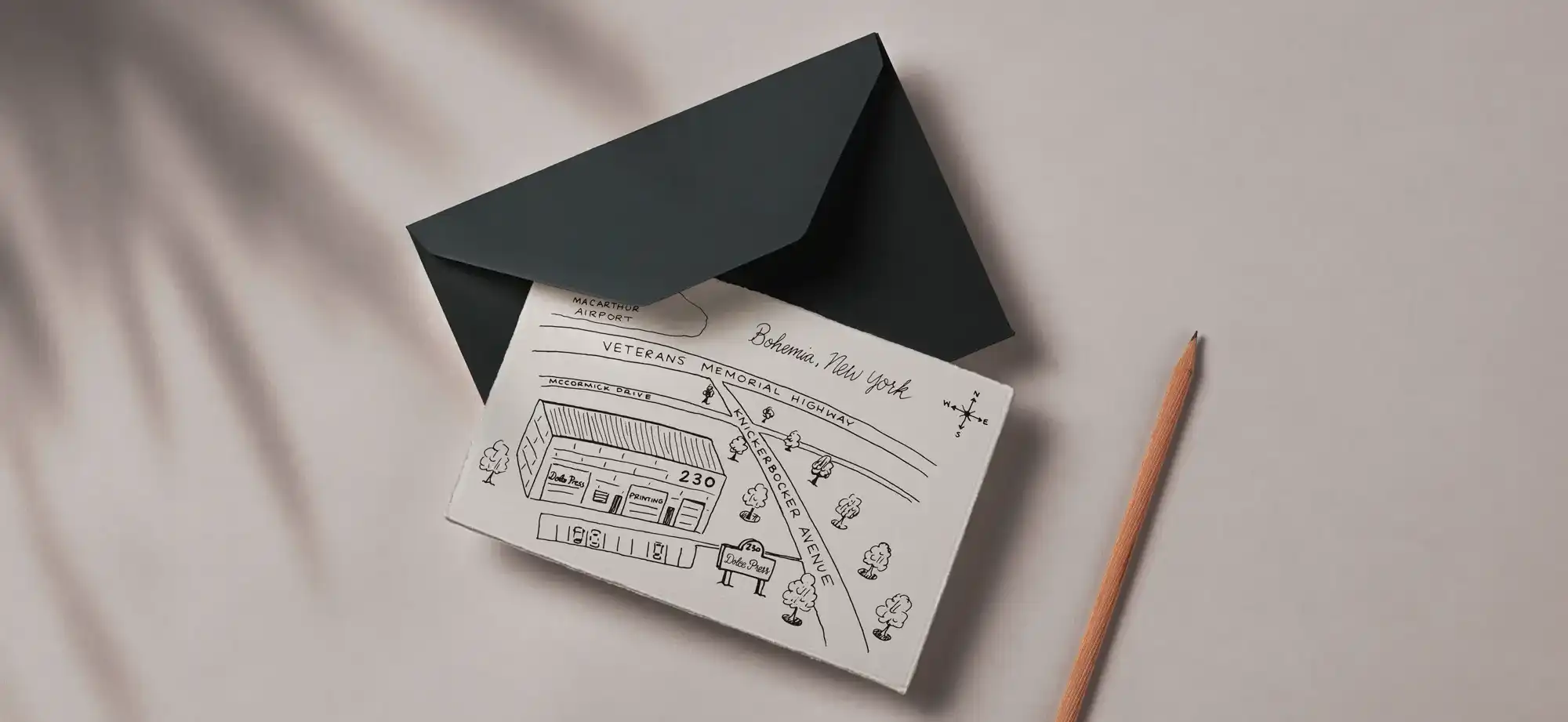 Contact 1 Hand Illustrated Map of the Dolce Press Studio in Bohemia, New York.